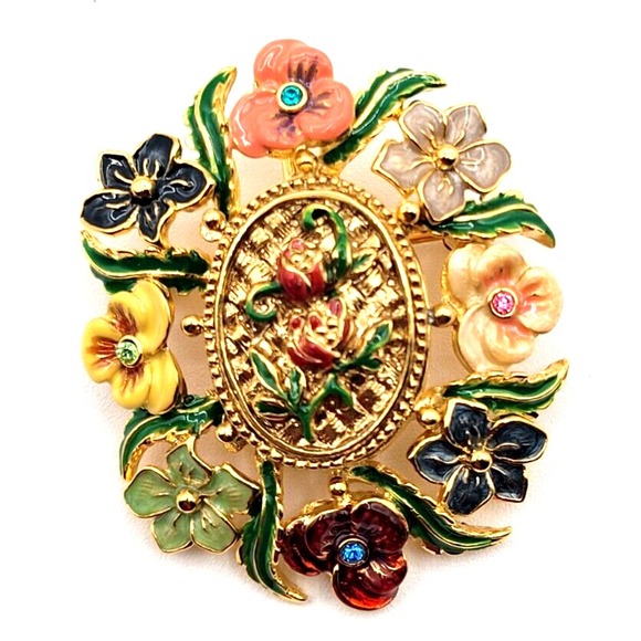 JOAN RIVERS FLORAL VICTORIAN OVAL LOCKET ENAMEL GOLD TONE BROOCH PIN PENDANT VTG